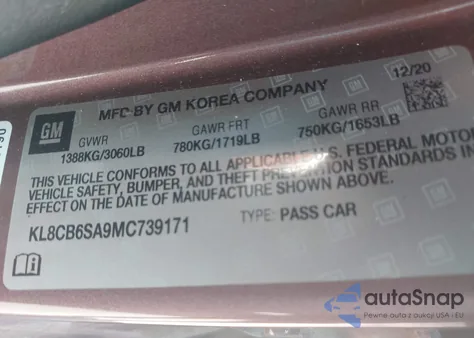 2021 Chevrolet Spark Fwd Ls Automatic из США, поврежденный, VIN KL8CB6SA9MC739171